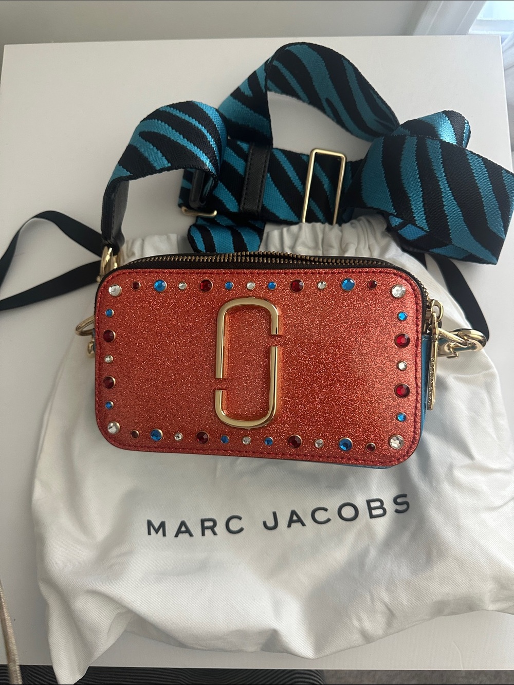 Marc Jacobs Orange Glitter Snapshot Crossbody with Multicolor Gem Accents